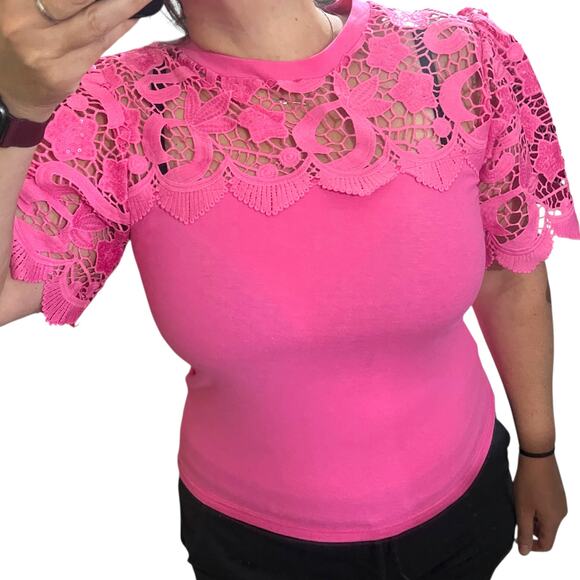 On Twelfth (S) Floral Sequin Sleeve Chest "The Key West Top" Short Sleeve Shirt - Picture 2 of 11